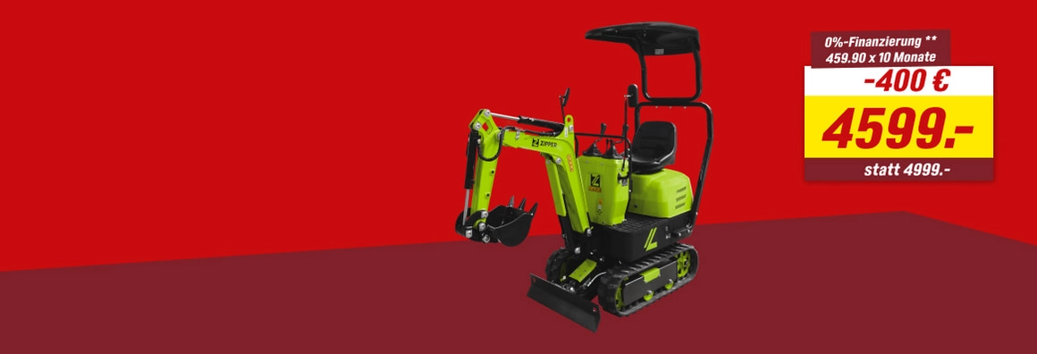 Neongrüner Minibagger vor rotem Hintergrund.